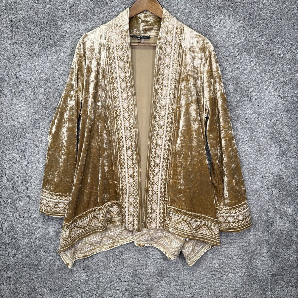 Andree By Unit Gold Velvet Embroidered Open Cardigan Waterfall Medium Boho